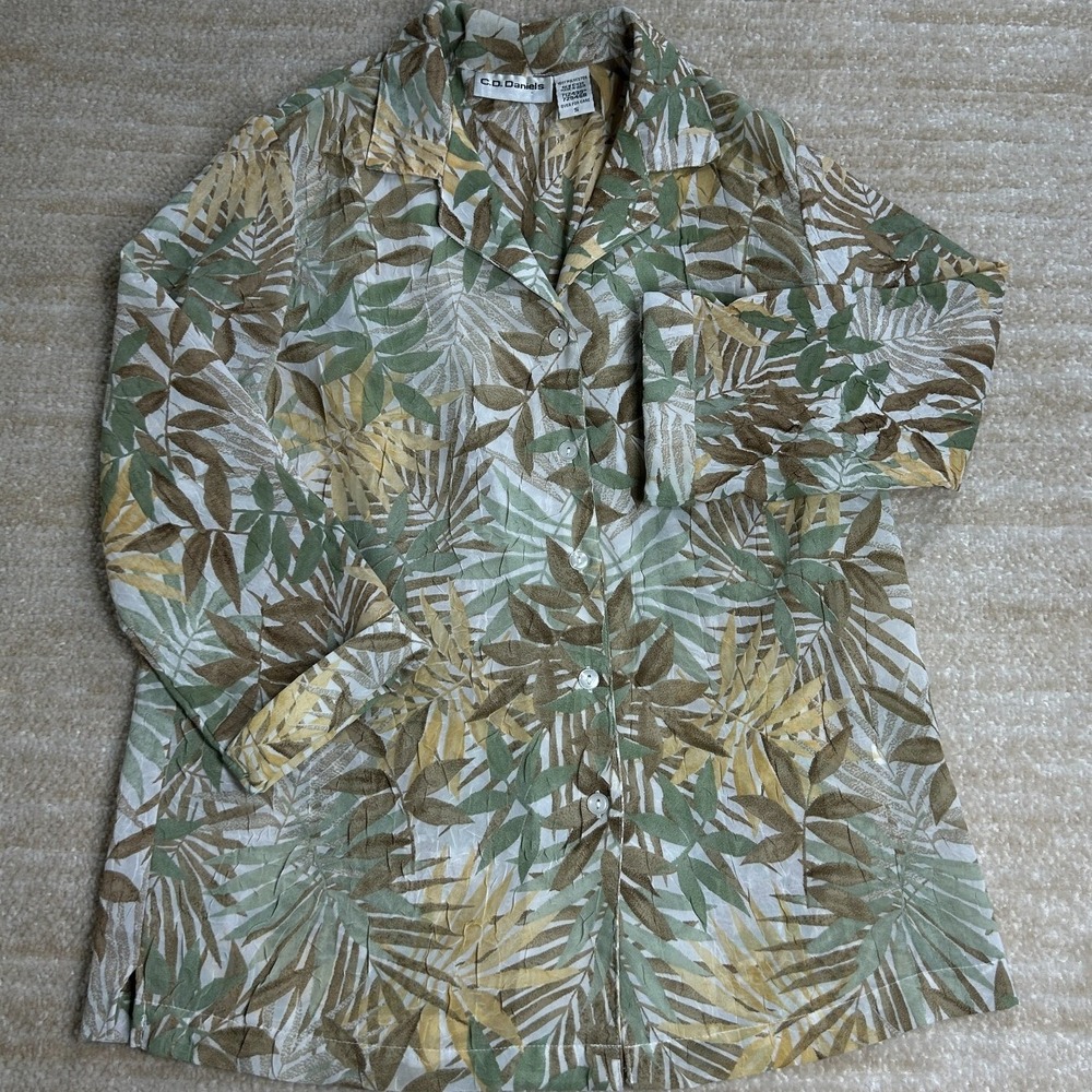 C.D. Daniels Womens Small Tropical Palm Leaf Print Button Up Shirt Green Yellow